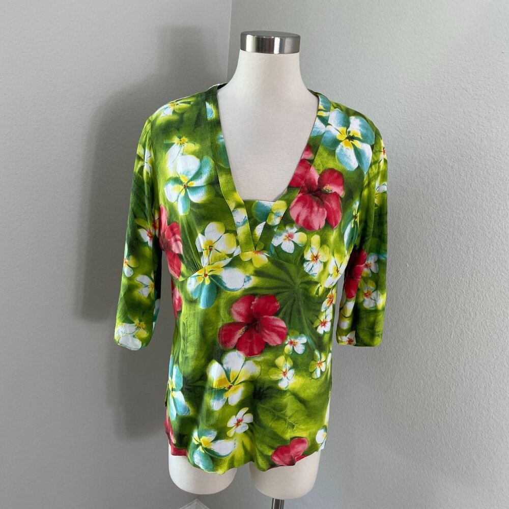 Limited Edition Jams World Womens Medium Floral V Neck Top 3/4 Sleeve Tropical
